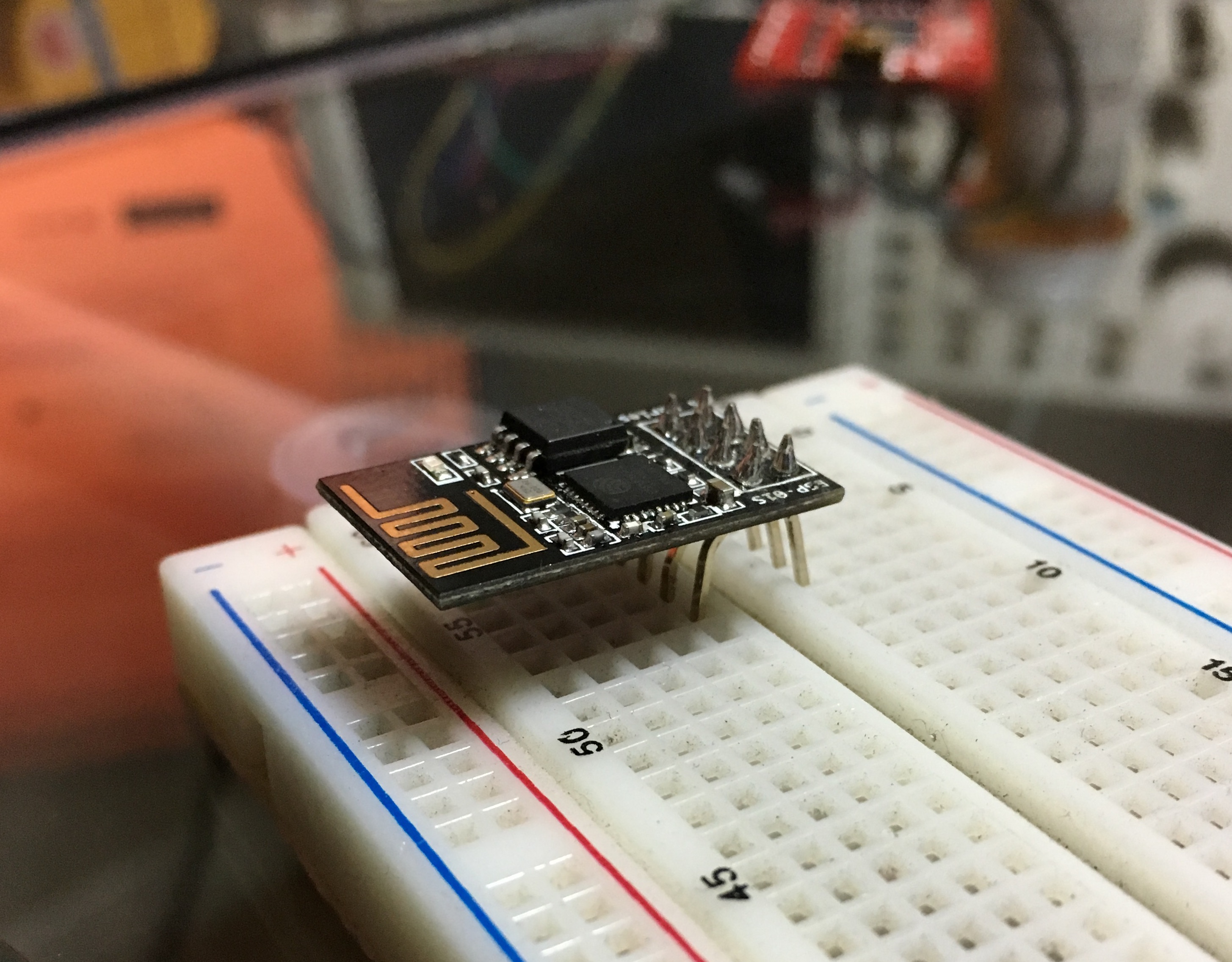ESP8266 with bent headers on a breadboard